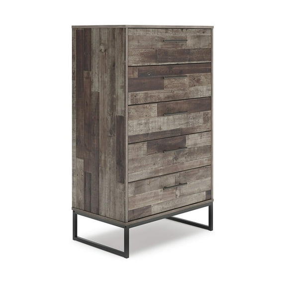 Vyne 51 Inch Tall Dresser 5 Drawers Chest, Gray Woodblock, Black Metal Base