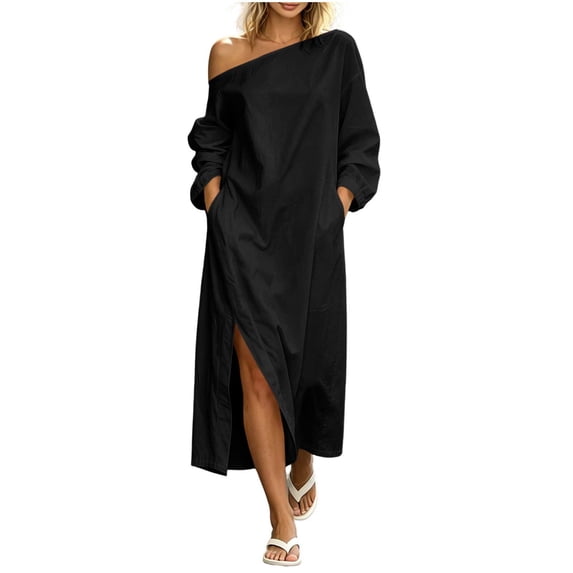 Vynhevius Oversized Womens Dresses Off Shoulder Slit Hem Loose Fit Long Sleeve Solid Dresses