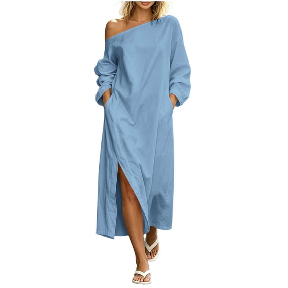 Vynhevius Oversized Womens Dresses Off Shoulder Slit Hem Loose Fit Long Sleeve Solid Dresses