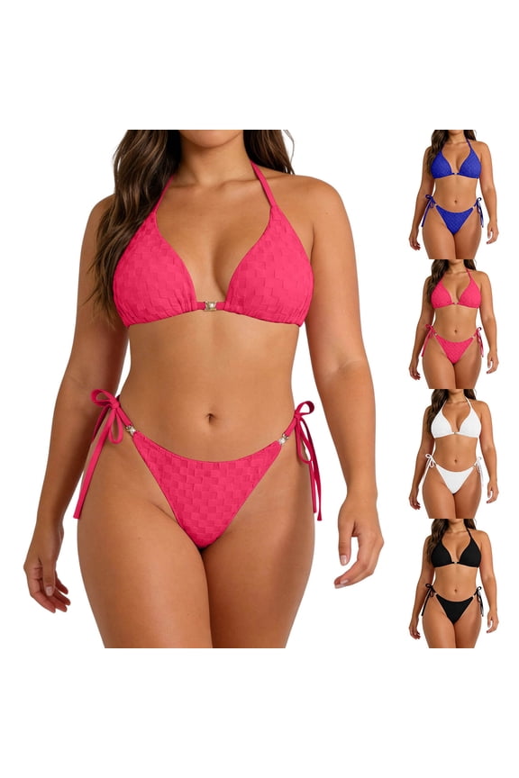 Plus Size Bikini Swimsuits for Women Two Piece Halter Top with Shorts Bottom Striped Bathing Suit Set