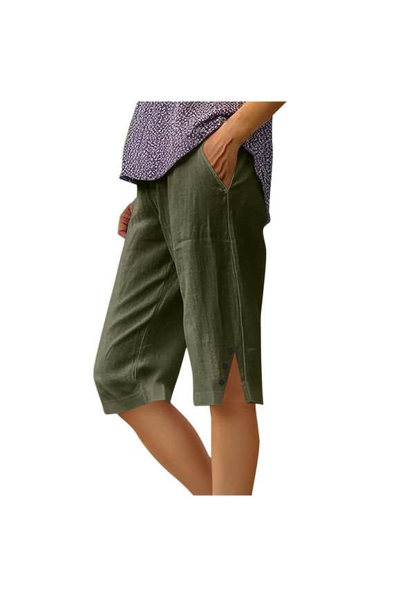 Plus Size Casual Capri for Women, Linen Knee Length Cropped Pants with Side Slit & Button, Loose Summer Beach Pants with Pockets