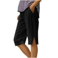 thumbnail image 1 of Vynhevius Plus Size Casual Capri for Women, Linen Knee Length Cropped Pants with Side Slit & Button, Loose Summer Beach Pants with Pockets, 1 of 5