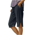 thumbnail image 1 of Vynhevius Plus Size Casual Capri for Women, Linen Knee Length Cropped Pants with Side Slit & Button, Loose Summer Beach Pants with Pockets, 1 of 5