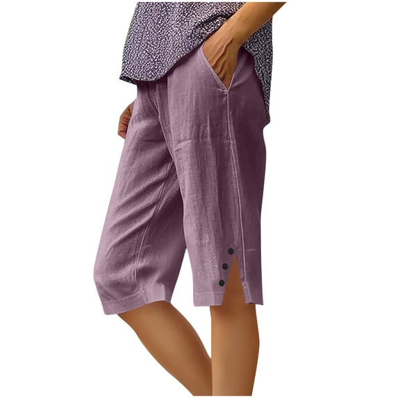 Vynhevius Plus Size Casual Capri for Women, Linen Knee Length Cropped Pants with Side Slit & Button, Loose Summer Beach Pants with Pockets