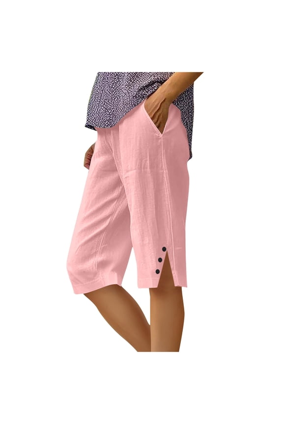 Plus Size Casual Capri for Women, Linen Knee Length Cropped Pants with Side Slit & Button, Loose Summer Beach Pants with Pockets