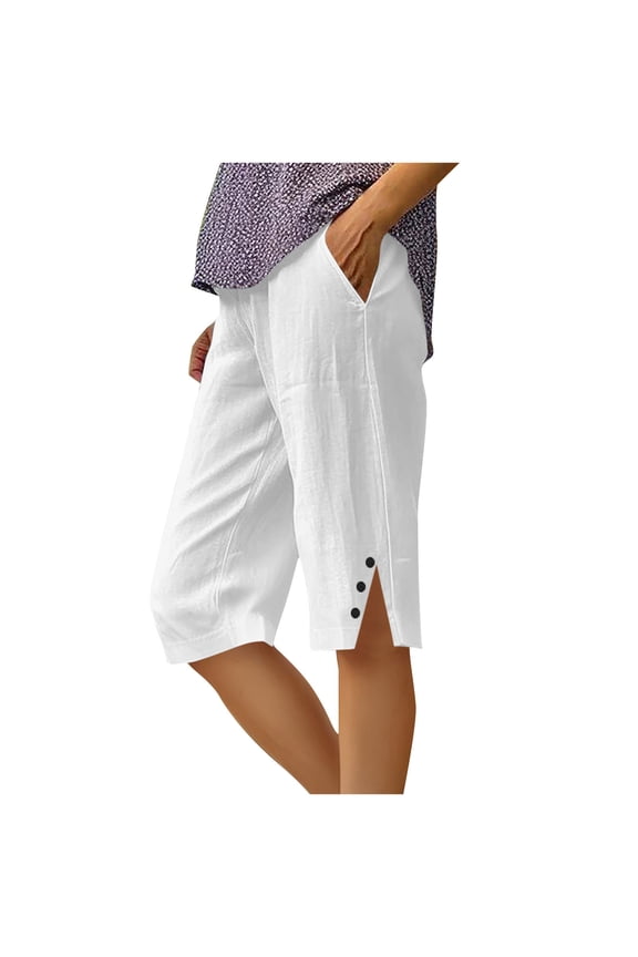 Plus Size Casual Capri for Women, Linen Knee Length Cropped Pants with Side Slit & Button, Loose Summer Beach Pants with Pockets