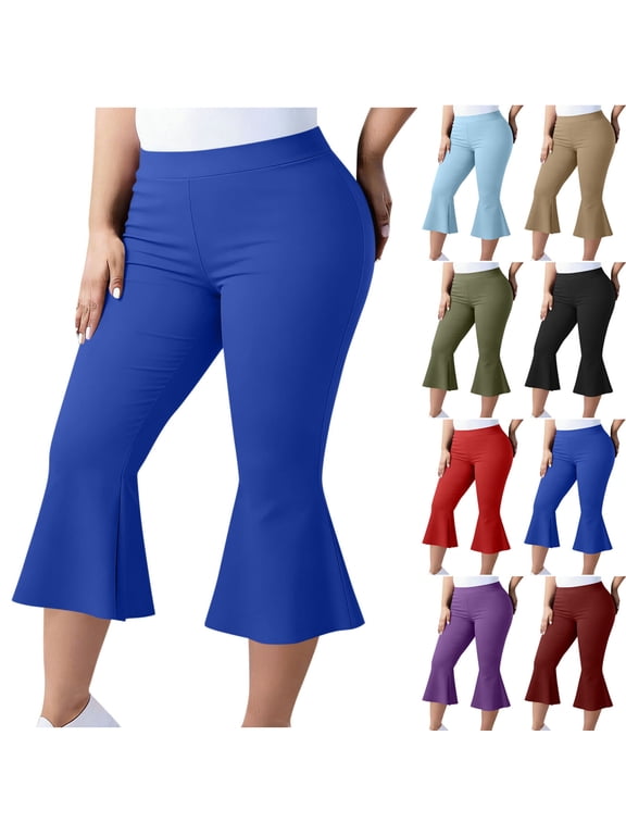 Plus Size High Waist Flare Capri Pants for Women, Soft Stretchy Slim Fit Cropped Bootcut Trousers