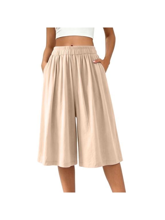Plus Size Wide Leg Capri Culottes for Women, Elastic High Waist Loose Flowy Mid Length Cropped Pants with Pockets