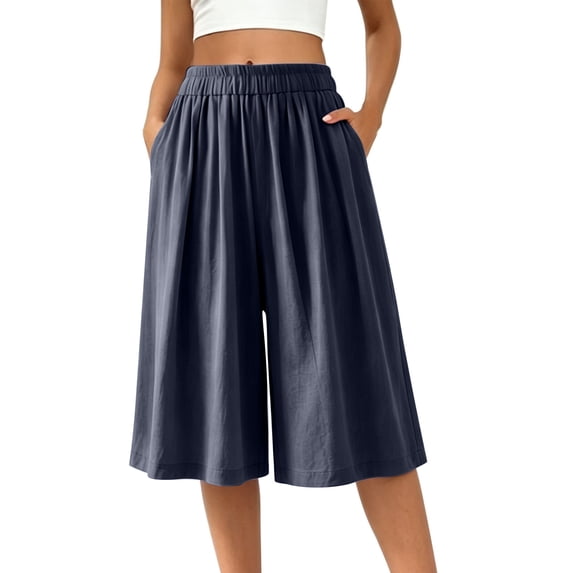 Vynhevius Plus Size Wide Leg Capri Culottes for Women, Elastic High Waist Loose Flowy Mid Length Cropped Pants with Pockets
