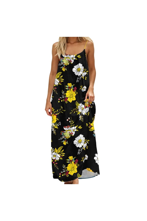 Plus Size Women Maxi Dress Casual Summer Vintage Floral Printed Spaghetti Strap Dresses Backless Loose Bohemian Beach Floor Length Dress