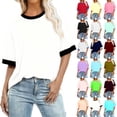 thumbnail image 1 of Vynhevius Plus Size Women's Crew Neck Short Sleeve T-Shirts Color Block Trim Casual Loose Fit Spring Summer Layering Basic Tees Tops, 1 of 5