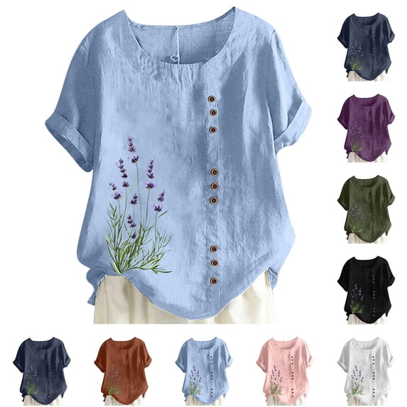 Vynhevius Plus Size Women's Crew Neck Short Sleeve Tops Floral Print Button Front Casual Loose Fit Summer Blouses Shirts