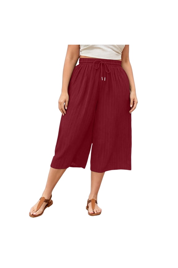 Wide Leg Plus Size Women's Culotte Pants Drawstring Elastic Waistband Casual Loose Fit Solid Color Lightweight Cropped Trousers