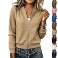 thumbnail image 1 of Vynhevius Women Bomber Jacket Solid Stand Collar Zip Up Textured Long Sleeve Pockets Casual Outerwear, 1 of 6