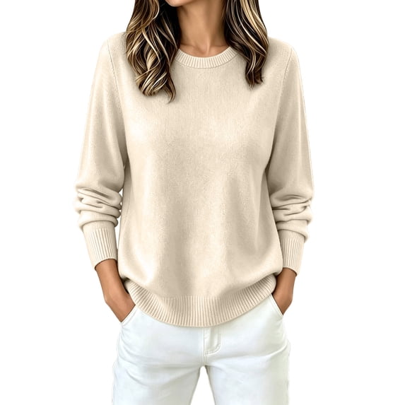 Vynhevius Women Crew Neck Sweater Solid Knit Long Sleeve Loose Fit Basic Casual Pullover Top