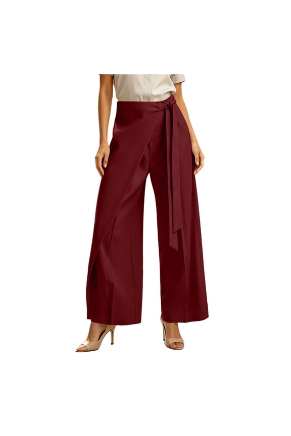 Womens Wide Leg Long Pants Elastic Waist Side Tie Sash Wrap Elegant Versatile Party Commuter Solid Bottoms