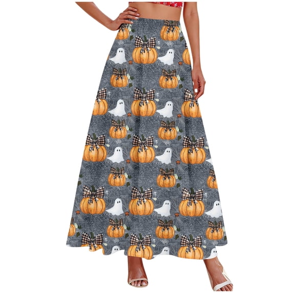 Vynhevius Women Halloween Print Skirt Elastic Waist A-line Flowy Party Maxi