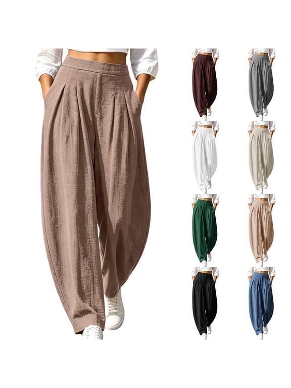 Women Harem Pants Solid High Waist Pleated Barrel Leg Casual Loose Long Trousers