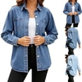 thumbnail image 1 of Vynhevius Women Jacket Solid Collar Button Down Long Sleeve Denim With Pockets, 1 of 6