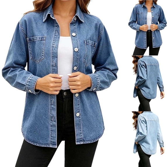 Vynhevius Women Jacket Solid Collar Button Down Long Sleeve Denim With Pockets