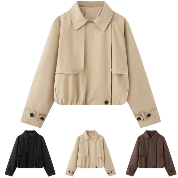 Vynhevius Women Jacket Solid Lapel Button Cropped Long Sleeve Casual Outerwear Top