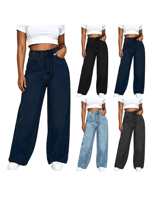 Womens Straight Leg Jeans Button Fly Loose Wide Leg High Waist Casual Streetwear Daily Solid Bottoms