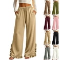 thumbnail image 1 of Vynhevius Women Solid Pants Wide‑Leg Elastic Drawstring Waist Pockets Loose Fit Casual Long Trousers, 1 of 6