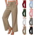 thumbnail image 1 of Vynhevius Women Straight Leg Pants Solid Drawstring Waist Side Slit Pockets Casual Trousers, 1 of 8