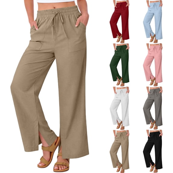 Vynhevius Women Straight Leg Pants Solid Drawstring Waist Side Slit Pockets Casual Trousers