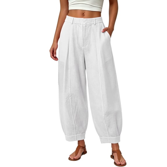 Vynhevius Women Summer Solid Pleated Barrel Cropped Pants, Elastic High Waist Loose Pocket Ankle Trousers, Versatile Vacation Loungewear Bottoms