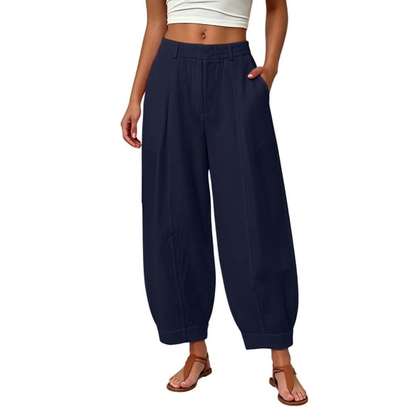 Vynhevius Women Summer Solid Pleated Barrel Cropped Pants, Elastic High Waist Loose Pocket Ankle Trousers, Versatile Vacation Loungewear Bottoms