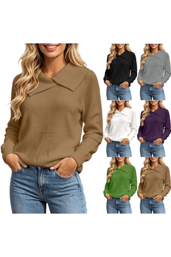 Women Sweater Solid Asymmetric Lapel Long Sleeve Casual Loose Knit Pullover Top