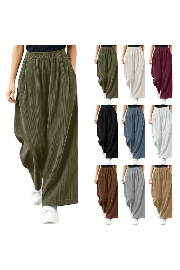 Women Wide Leg Pants Solid Elastic Waist Ribbed Pockets Casual Trousers