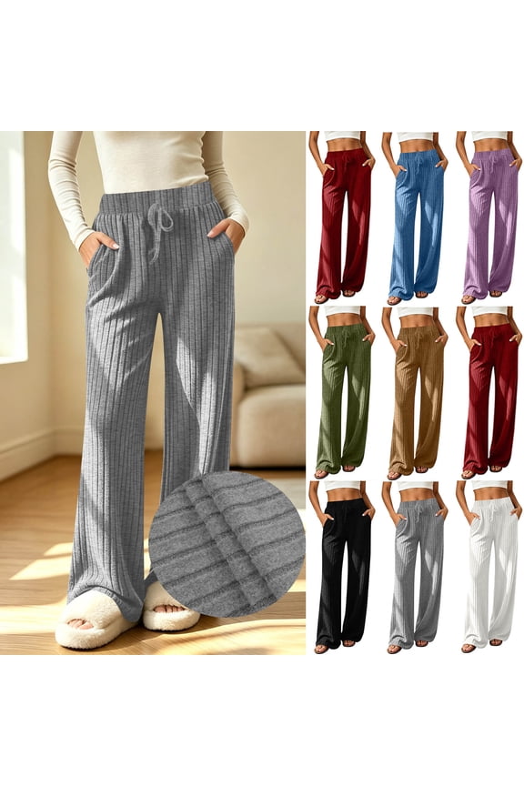 Women Wide Leg Pants Solid Ribbed Texture Drawstring Elastic Waist Pockets Casual Loose Trousers