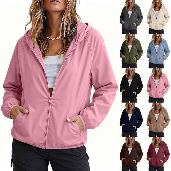 Vynhevius Women Windbreaker Jacket Solid Hooded Raglan Sleeve Water Resistant Elastic Cuffs With Pockets