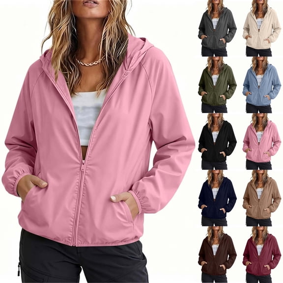 Vynhevius Women Windbreaker Jacket Solid Hooded Raglan Sleeve Water Resistant Elastic Cuffs Pockets