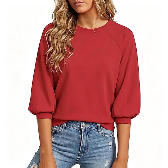 Vynhevius Women's 3/4 Puff Sleeve Sweatshirt Crew Neck Solid Casual Pullover Tops