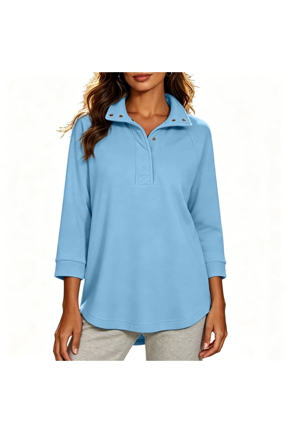 Women's 3/4 Sleeve Sweatshirt Stand Collar Half Snap Tunic Length Casual Pullover Tops