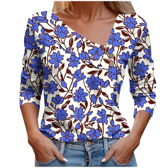 Vynhevius Women's Asymmetrical Button V Neck Blouse Printed Long Sleeve Casual Daily Wear Tunic Tops