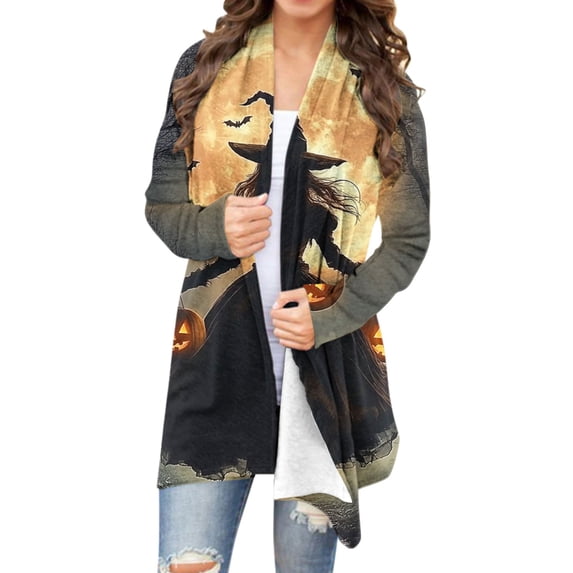 Vynhevius Women's Cardigans Halloween Printed Open Front Long Sleeve Casual Lightweight Outerwear