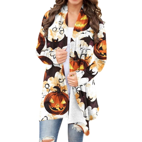 Vynhevius Women's Cardigans Halloween Printed Open Front Long Sleeve Casual Lightweight Outerwear
