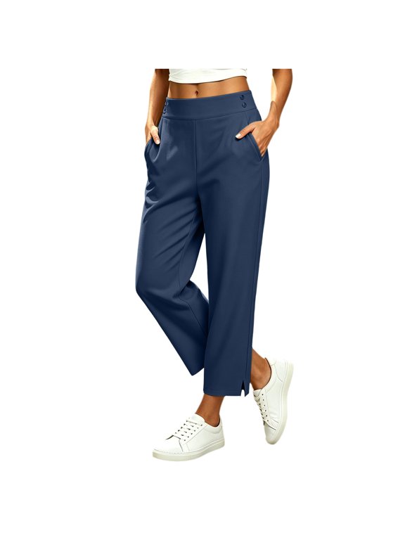 Women's Casual Pants Solid Cropped Hem Slit Button Waist Pockets Trousers