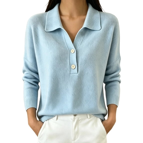 Vynhevius Women's Collared Henley Sweater Solid Button Neck Long Sleeve Loose Knit Fall Casual Pullover Knit Tops