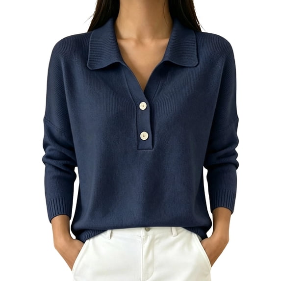 Vynhevius Women's Collared Henley Sweater Solid Button Neck Long Sleeve Loose Knit Fall Casual Pullover Knit Tops
