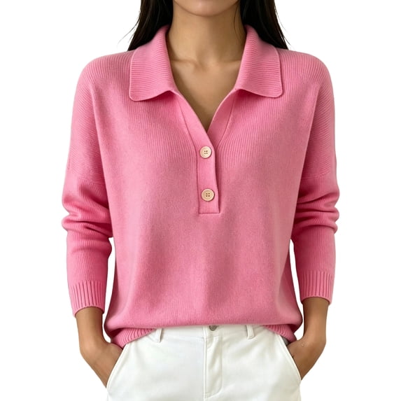 Vynhevius Women's Collared Henley Sweater Solid Button Neck Long Sleeve Loose Knit Fall Casual Pullover Knit Tops