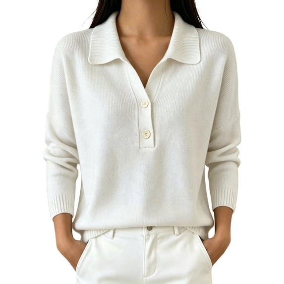 Vynhevius Women's Collared Henley Sweater Solid Button Neck Long Sleeve Loose Knit Fall Casual Pullover Knit Tops