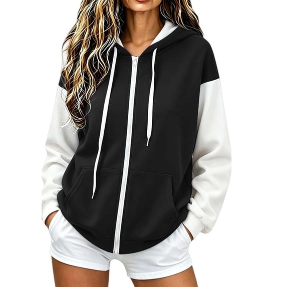 Vynhevius Women's Color Block Hoodie Zip Up Drawstring Hood Sweatshirts Pocketed Casual Long Sleeve Jacket Tops