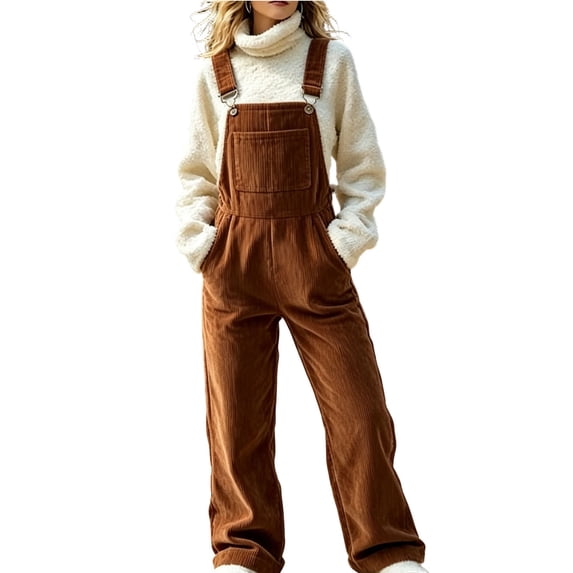 Vynhevius Women's Corduroy Bib Overalls Adjustable Straps Wide Leg Pockets Loose Casual Winter One Piece Pants