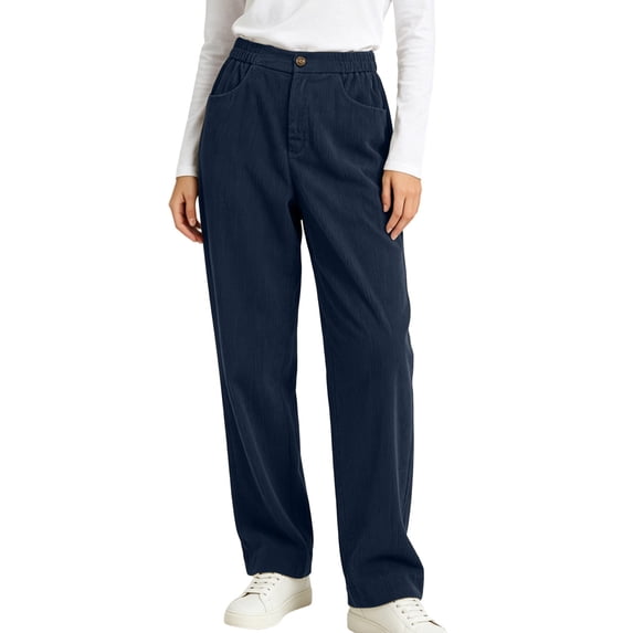 Vynhevius Women's Corduroy Straight Leg Pants Elastic Waist Pockets Casual Daily Long Trousers