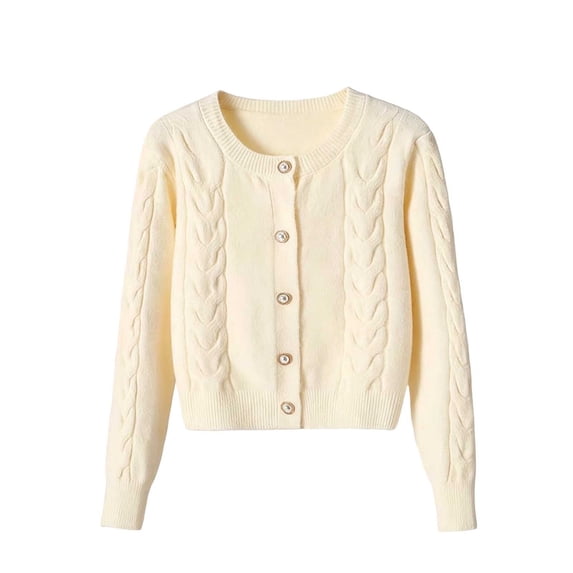 Vynhevius Women's Crew Neck Sweater Cable Knit Solid Pearl Button Down Cropped Fall Winter Casual Tops